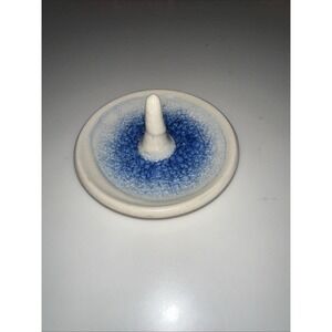 Ceramic Ring Holder W/ Beach Theme Crackle Glass. Cream W/ Blue Signed